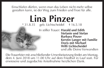 Traueranzeige von Lina Pinzer von Pegnitz-Zeitung
