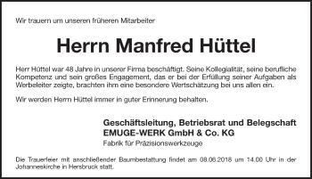 Traueranzeige von Manfred Hüttel von Pegnitz-Zeitung