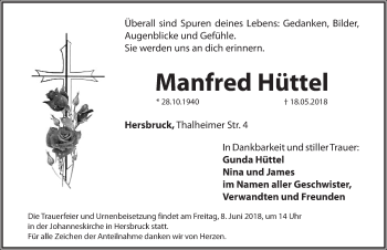 Traueranzeige von Manfred Hüttel von Hersbrucker Zeitung