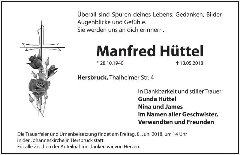  Traueranzeige für Manfred Hüttel vom 06.06.2018 aus Hersbrucker Zeitung