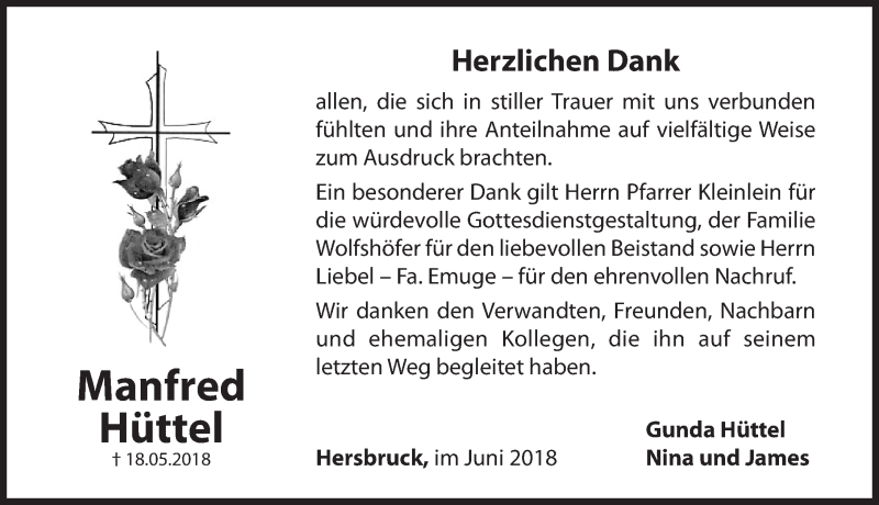  Traueranzeige für Manfred Hüttel vom 23.06.2018 aus Hersbrucker Zeitung
