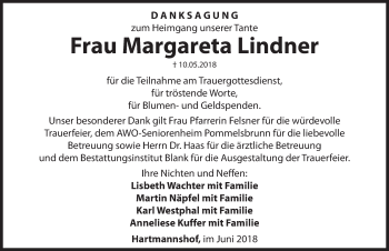 Traueranzeige von Margareta Lindner von Hersbrucker Zeitung