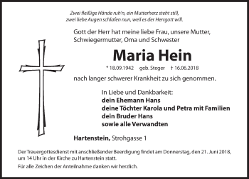 Traueranzeige von Maria Hein von Hersbrucker Zeitung