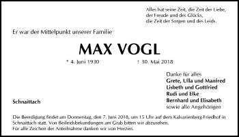 Traueranzeige von Max Vogl von Pegnitz-Zeitung