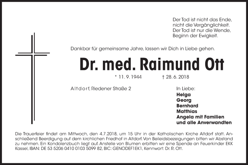  Traueranzeige für Raimund Ott vom 30.06.2018 aus Der Bote