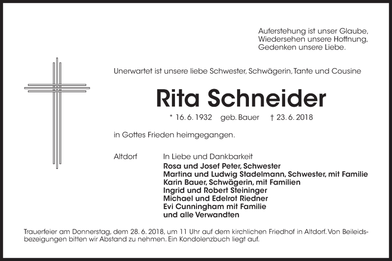  Traueranzeige für Rita Schneider vom 26.06.2018 aus Der Bote