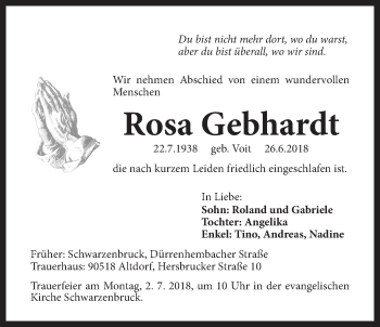 Traueranzeige von Rosa Gebhardt von Der Bote