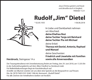 Traueranzeige von Rudolf Dietel von Hersbrucker Zeitung
