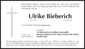 Traueranzeige von Ulrike Bieberich von Pegnitz-Zeitung