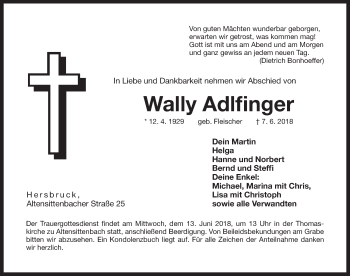 Traueranzeige von Wally Adlfinger von Hersbrucker Zeitung
