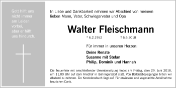 Traueranzeige von Walter Fleischmann von Pegnitz-Zeitung