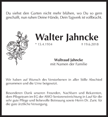 Traueranzeige von Walter Jahncke von Pegnitz-Zeitung