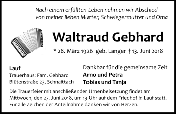 Traueranzeige von Waltraud Gebhard von Pegnitz-Zeitung