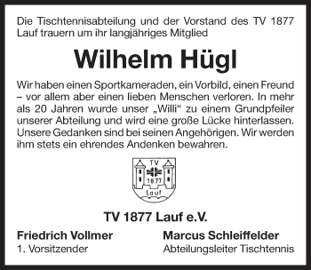 Traueranzeige von Wilhelm Hügl von Pegnitz-Zeitung