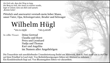 Traueranzeige von Wilhelm Hügl von Pegnitz-Zeitung