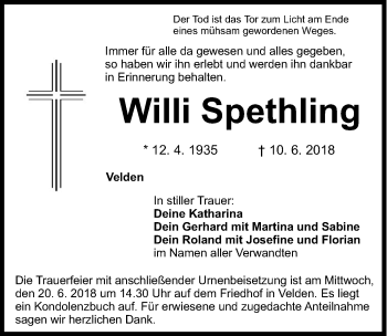 Traueranzeige von Willi Spethling von Hersbrucker Zeitung