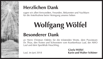 Traueranzeige von Wolfgang Wölfel von Pegnitz-Zeitung