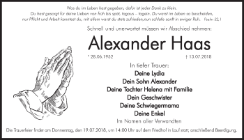 Traueranzeige von Alexander Haas von Pegnitz-Zeitung