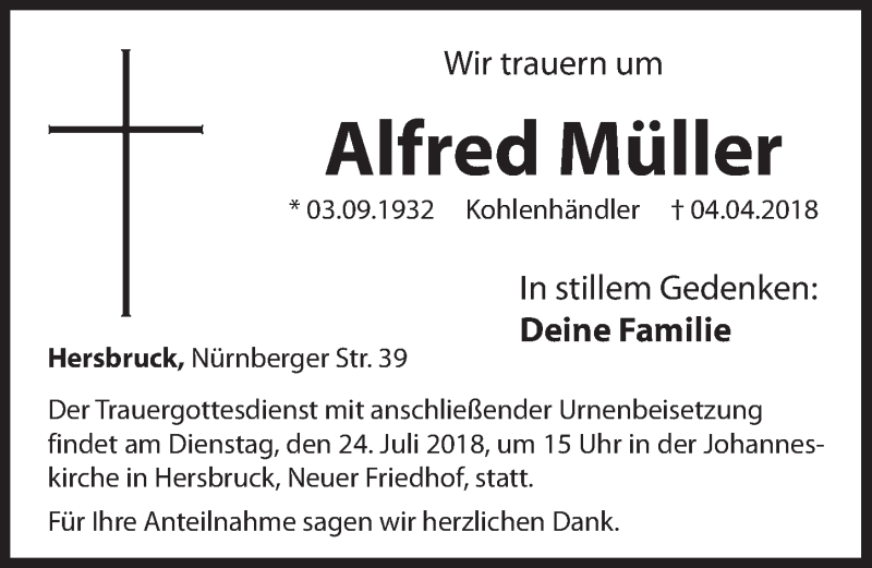  Traueranzeige für Alfred Müller vom 21.07.2018 aus Hersbrucker Zeitung