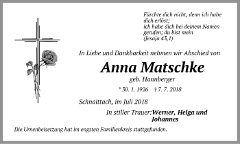 Traueranzeige von Anna Matschke von Pegnitz-Zeitung