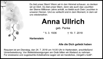 Traueranzeige von Anna Ullrich von Hersbrucker Zeitung