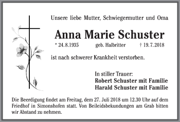 Traueranzeige von Anna Marie Schuster von Pegnitz-Zeitung