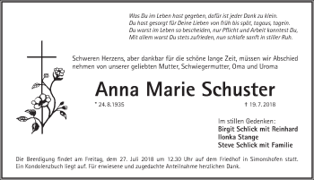 Traueranzeige von Anna Marie Schuster von Pegnitz-Zeitung