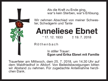 Traueranzeige von Anneliese Ebnet von Der Bote