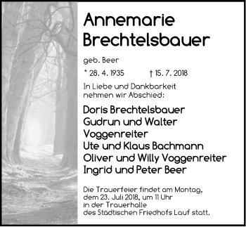 Traueranzeige von Annemarie Brechtelsbauer von Pegnitz-Zeitung