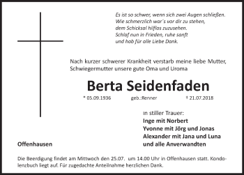 Traueranzeige von Berta Seidenfaden von Hersbrucker Zeitung