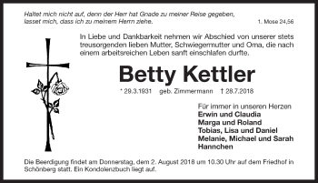 Traueranzeige von Betty Kettler von Pegnitz-Zeitung