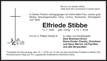 Traueranzeige von Elfriede Stibbe von Der Bote