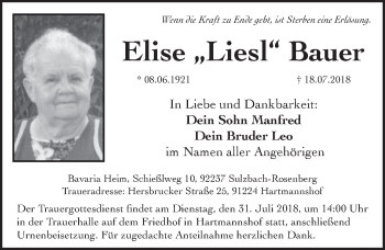 Traueranzeige von Elise Bauer von Hersbrucker Zeitung