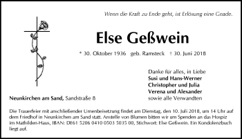 Traueranzeige von Else Geßwein von Pegnitz-Zeitung