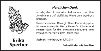 Traueranzeige von Erika Sperber von Hersbrucker Zeitung