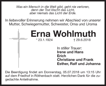 Traueranzeige von Erna Wohlmuth von Pegnitz-Zeitung