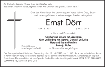 Traueranzeige von Ernst Dörr von Hersbrucker Zeitung