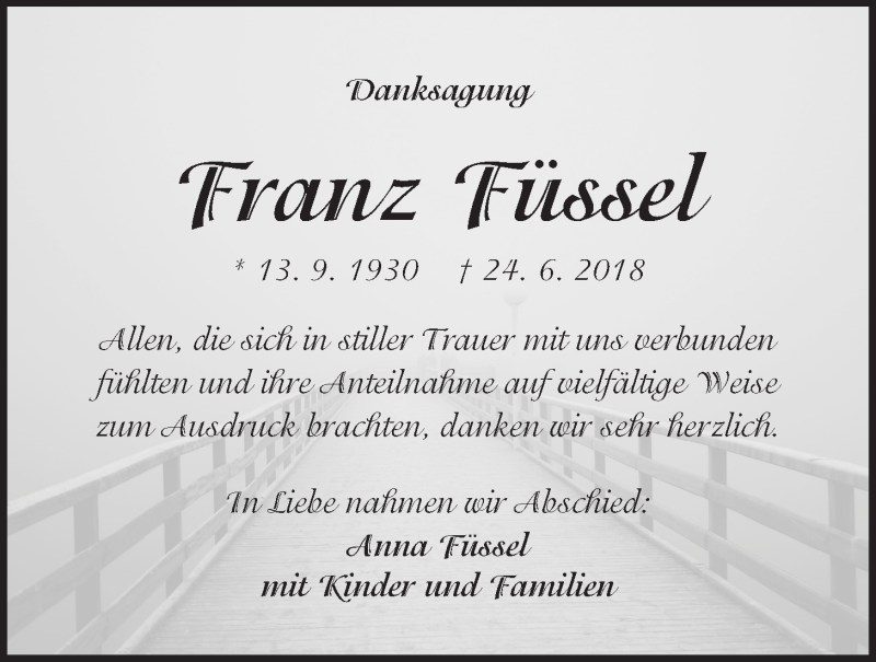  Traueranzeige für Franz Füssel vom 07.07.2018 aus Der Bote