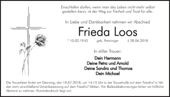 Traueranzeige von Frieda Loos von Hersbrucker Zeitung