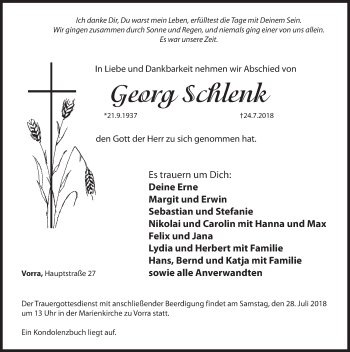 Traueranzeige von Georg Schlenk von Hersbrucker Zeitung