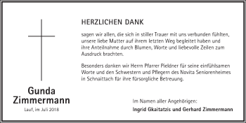 Traueranzeige von Gunda Zimmermann von Pegnitz-Zeitung
