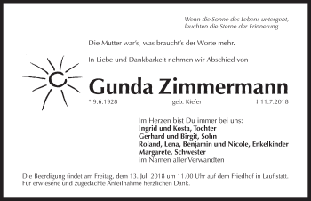 Traueranzeige von Gunda Zimmermann von Pegnitz-Zeitung