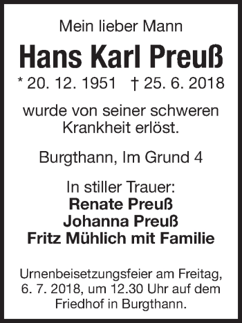 Traueranzeige von Hans Karl Preuß von Der Bote