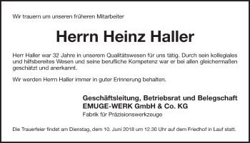 Traueranzeige von Heinz Haller von Pegnitz-Zeitung