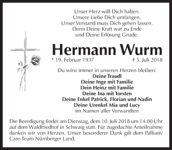 Traueranzeige von Hermann Wurm von Pegnitz-Zeitung