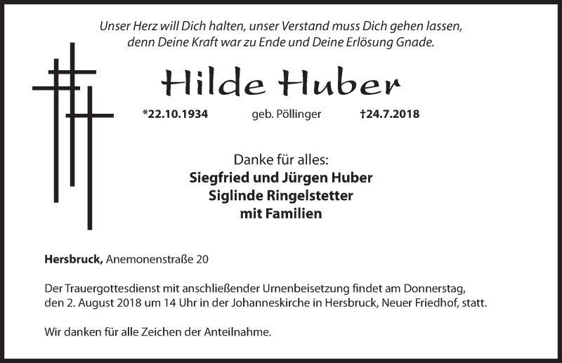  Traueranzeige für Hilde Huber vom 28.07.2018 aus Hersbrucker Zeitung