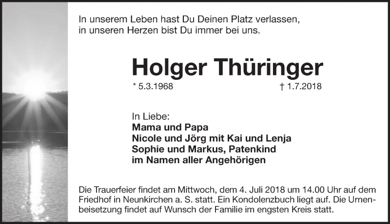  Traueranzeige für Holger Thüringer vom 03.07.2018 aus Pegnitz-Zeitung
