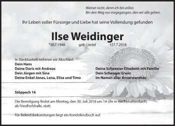 Traueranzeige von Ilse Weidinger von Hersbrucker Zeitung