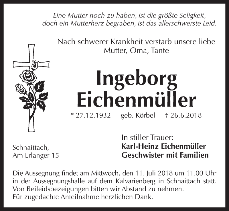  Traueranzeige für Ingeborg Eichenmüller vom 10.07.2018 aus Pegnitz-Zeitung