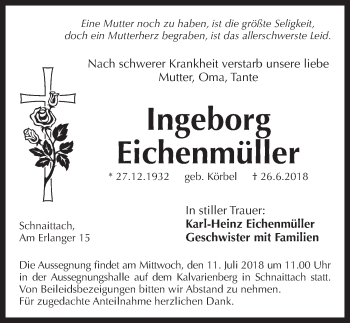 Traueranzeige von Ingeborg Eichenmüller von Pegnitz-Zeitung